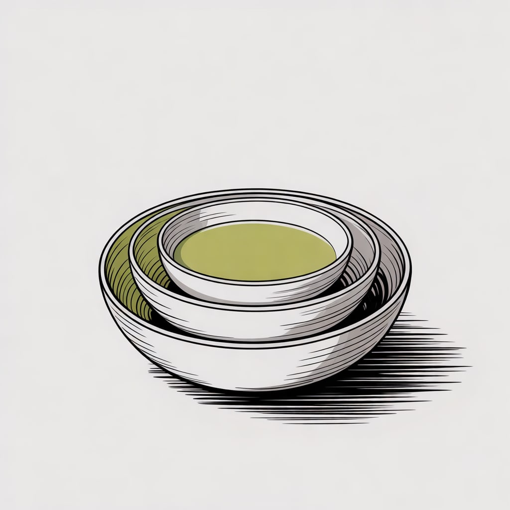 A fine single-weight line drawing of three nested ceramic bowls of different sizes, the middle one filled in flat olive