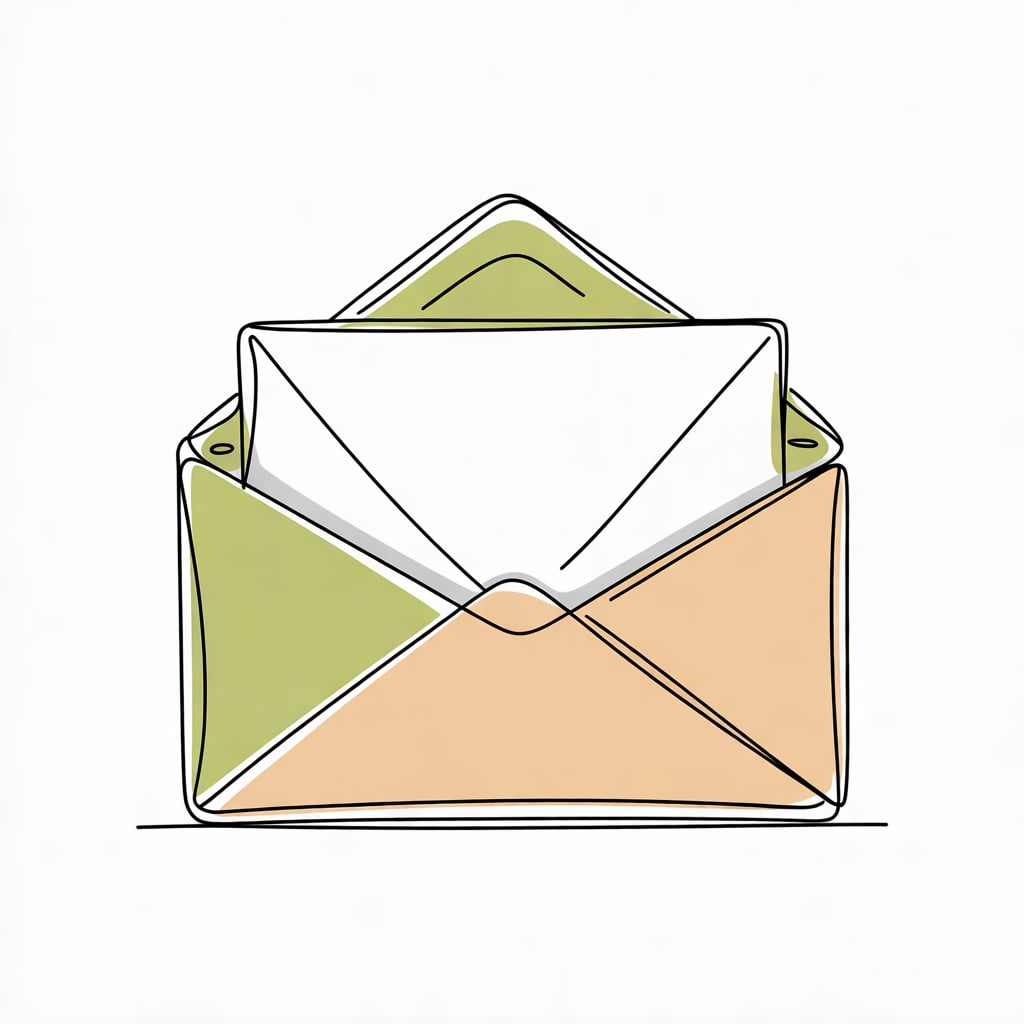 A fine single-weight line drawing of a folded letter resting half out of an open envelope, with flat sand and pale olive