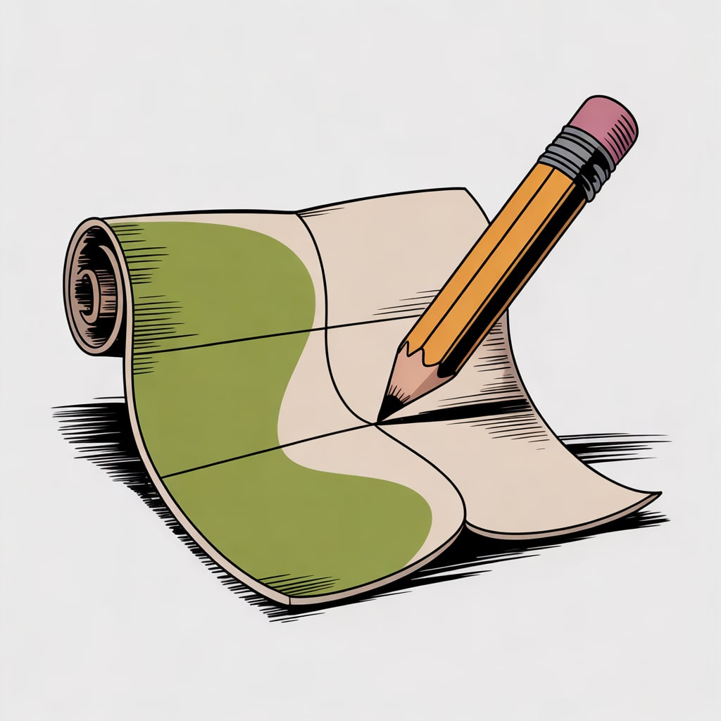 A fine single-weight line drawing of a pencil redrawing a gentle curved path on a folded paper map, with flat olive gree