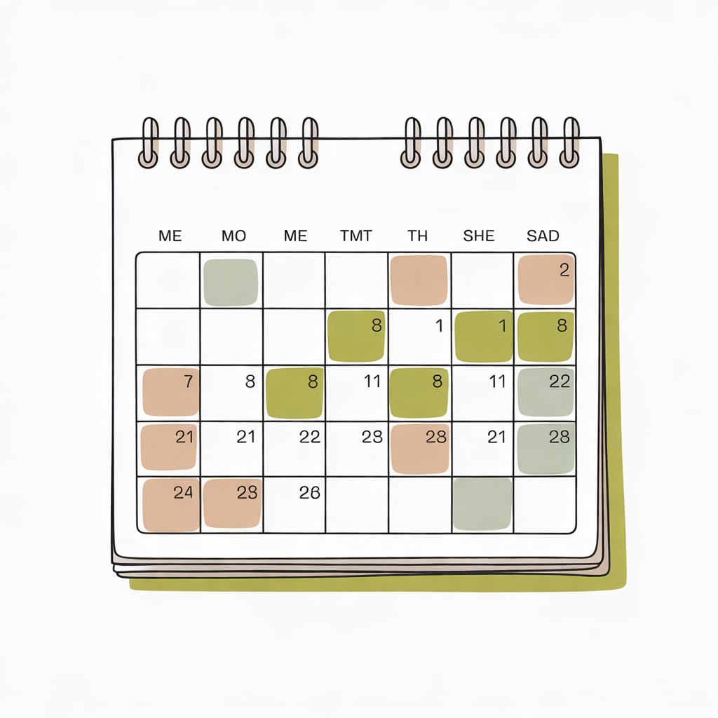 A fine single-weight line drawing of a paper wall calendar with a few scattered days softly filled in flat sage green an